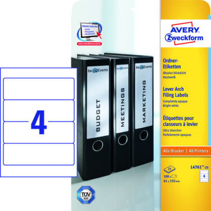 Etiketti, Avery L4761-25, 192x61mm, valkoinen, 1 pkt/100