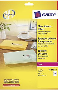 Lasertarra, Avery L7563-25, läpinäkyvä, 99.1 x 38.1mm, 1 pkt/350